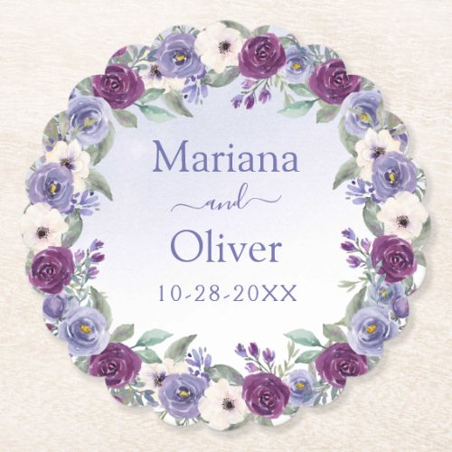 Periwinkle Watercolor Floral Wedding Paper Coaster