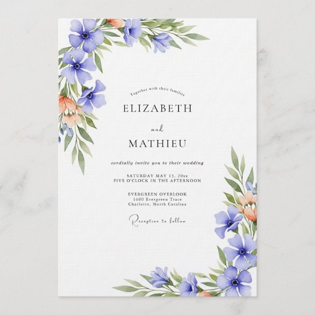 Periwinkle Watercolor Flourish Wedding Invitation (Front)
