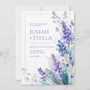Periwinkle Watercolor Muscari Gold Frame Wedding Invitation