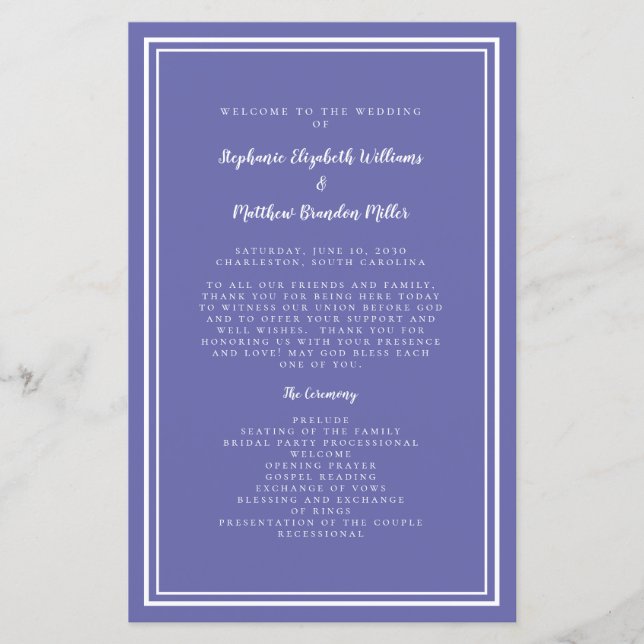 Periwinkle Wedding Script Budget Ceremony Program (Front)
