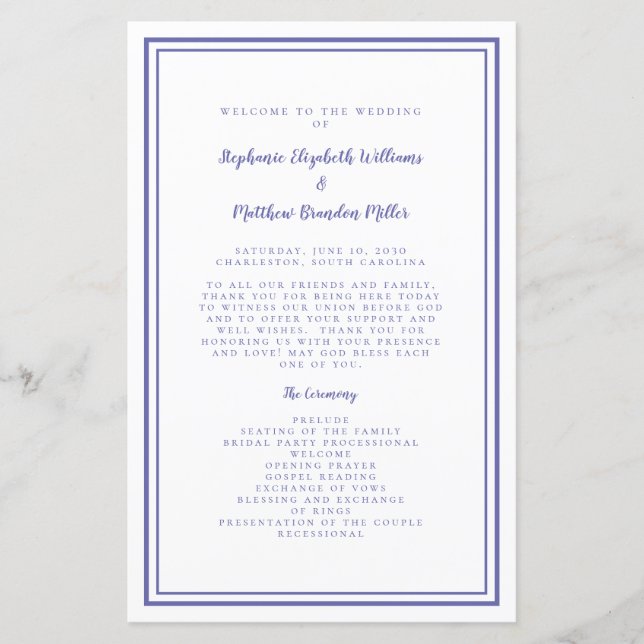 Periwinkle Wedding Script Modern Ceremony Program (Front)