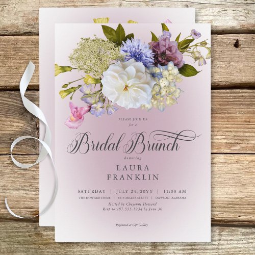Periwinkle White Mauve Floral Modern Bridal Brunch Invitation