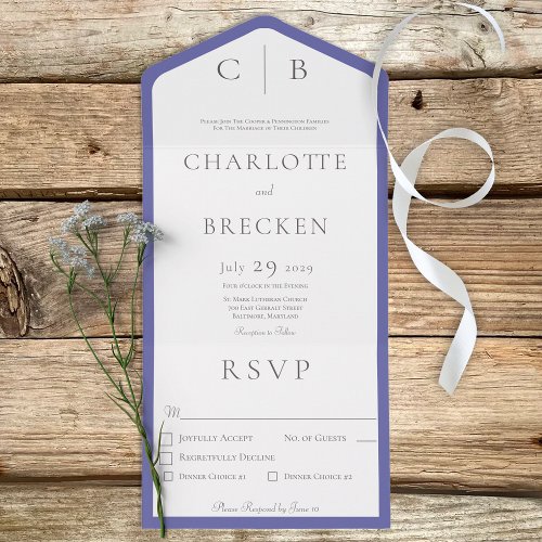 Periwinkle  White Monogram Minimal Dinner All In One Invitation