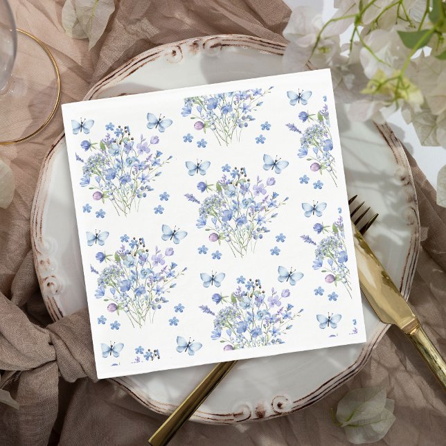 Periwinkle Wildflower Butterflies Floral Wedding Napkins (Delicate Floral and Butterfly Napkins from my Lilac + Periwinkle Wildflower Wedding Collection)