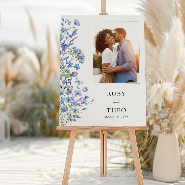 Periwinkle Wildflower Photo Wedding Welcome Foam Board (Photo Wedding Welcome Sign from the Lilac and Periwinkle Wildflower Collection by Darling & May)