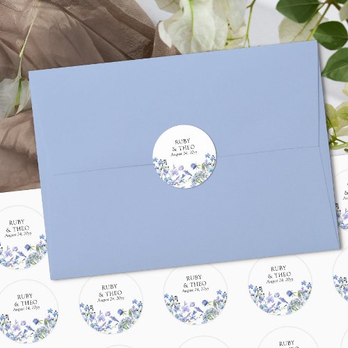 Periwinkle Wildflower Wedding Bride and Groom Name Classic Round Sticker