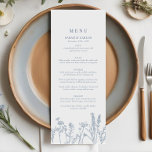 Periwinkle Wildflower Wedding Flat Menu<br><div class="desc">Add a touch of timeless charm to your reception with this Elegant Periwinkle Wildflower Wedding Menu. Featuring delicate wildflowers in soft periwinkle hues, this design brings a romantic and sophisticated feel to your wedding tablescape. The clean, minimalist layout ensures your delicious menu selections stand out beautifully. Perfect for garden, rustic,...</div>
