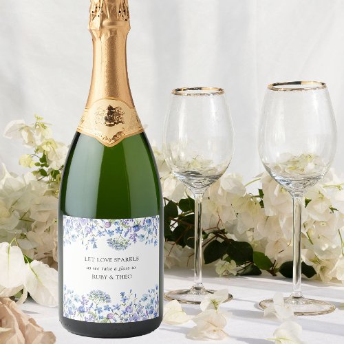 Periwinkle Wildflower Wedding Table Toast Sparkling Wine Label