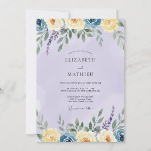 Periwinkle Yellow Ranunculus Eucalyptus Wedding Invitation