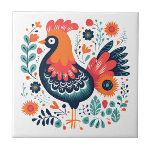 Perky Rooster Scandinavian Folk Art Ceramic Tile
