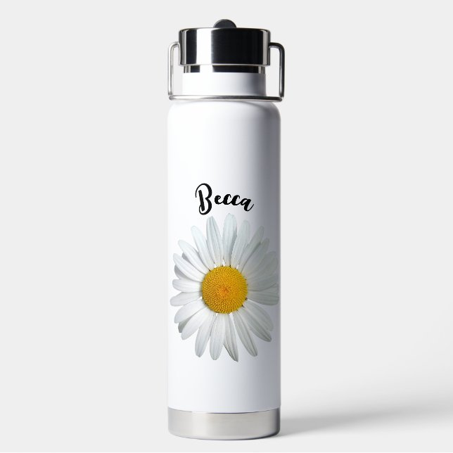 Perky White Daisy Flower Personalized Water Bottle (Back)