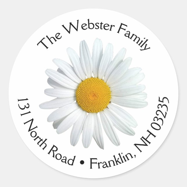 Perky White Daisy Flower Round Address Label (Front)