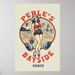 "Perle's Bayside Oyster Shack" Cute, Retro Seaside Poster