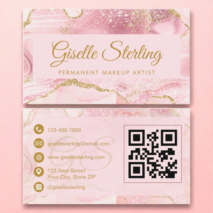 Permanent Makeup Artist Blush Gold Agate QR Code Business Card