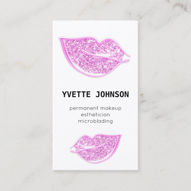Permanent Makeup Logo QRCode Pink Lips Glitter Business Card (Front)