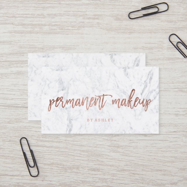 Permanent Makeup rose gold typography white marble Business Card (Front/Back In Situ)