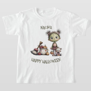 *Peronalised Cute Frankenstein Girl Kids Halloween T-Shirt