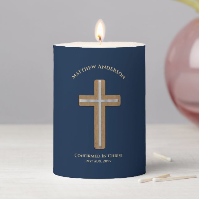 Peronalized Adult CONFIRMATION Gift Blue Gold Pillar Candle (In Situ)