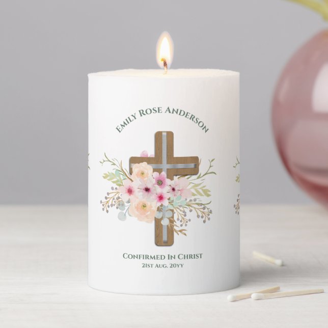 Peronalized Adult CONFIRMATION Gift Floral Pillar  Candle (In Situ)