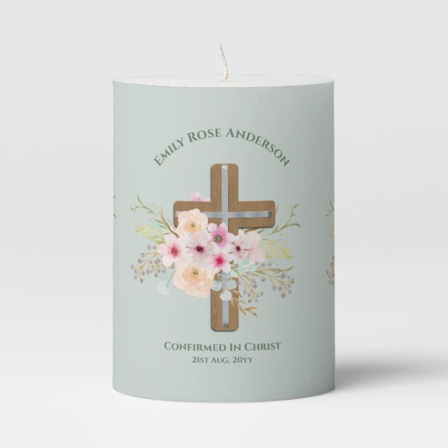 Peronalized Adult CONFIRMATION Gift Floral Pillar Candle (Front)