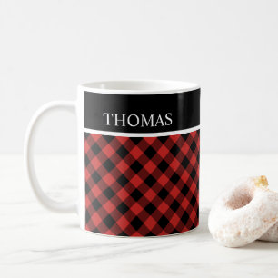 Peronalized Black Red Gingham Custom Name Coffee Mug