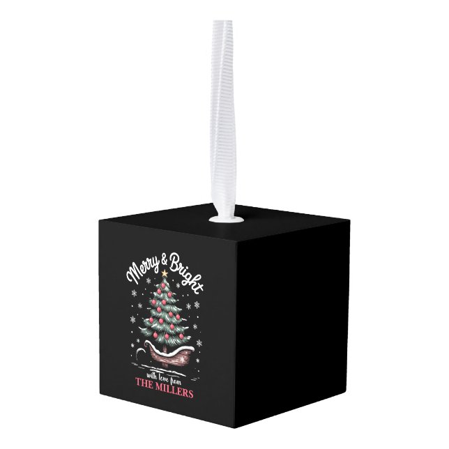 Peronalized Christmas Sleigh Tree Merry & Bright  Cube Ornament (Back Angled)
