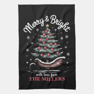 Peronalized Christmas Sleigh Tree Merry & Bright Kitchen Towel