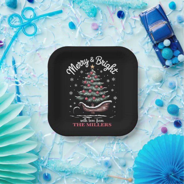 Peronalized Christmas Sleigh Tree Merry & Bright  Paper Plates (Party)