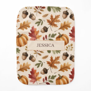 Peronalized Fall Earthy Orange Watercolor Leaves Baby Burp Cloth