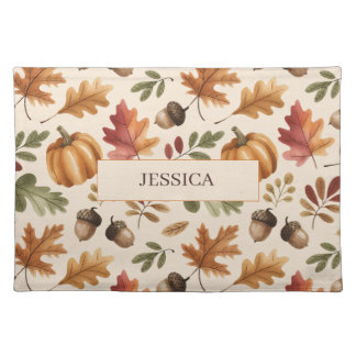 Peronalized Fall Earthy Orange Watercolor Leaves Cloth Placemat