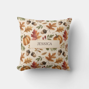 Peronalized Fall Earthy Orange Watercolor Leaves Throw Pillow