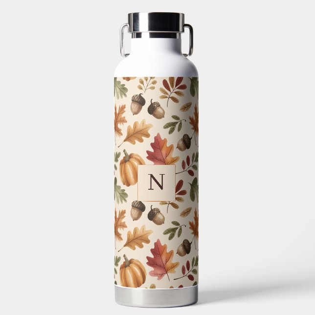 Peronalized Fall Earthy Orange Watercolor Leaves Water Bottle (Front)