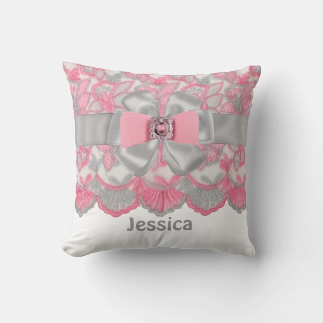 Peronalized Pink,Gray Rhinestones,Bow Pillow Set (Front)
