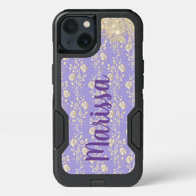 Perosnalized Gold Floral on Lavender    Otterbox iPhone Case (Back)