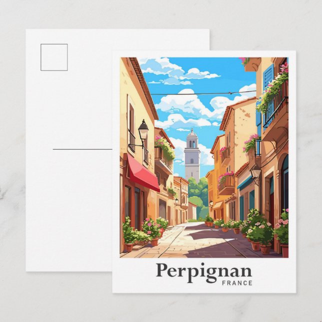 Perpignan France Art Vintage Travel Illustration Postcard (Front/Back)
