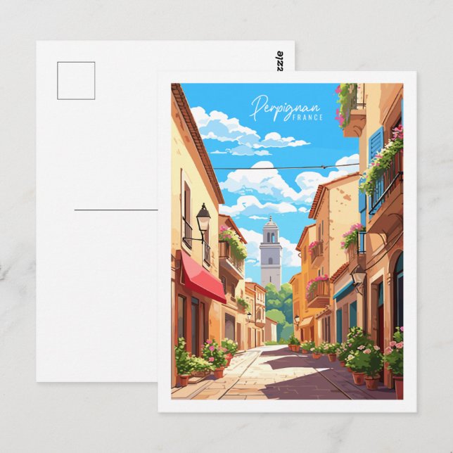 Perpignan France vintage travel place illustration Postcard (Front/Back)