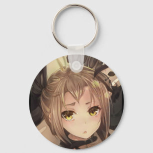 Perplexed anime girl amber eyes golden brown hair  keychain