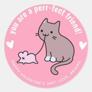 Perr-fect friend! Cute Cat Classroom Valentine Classic Round Sticker