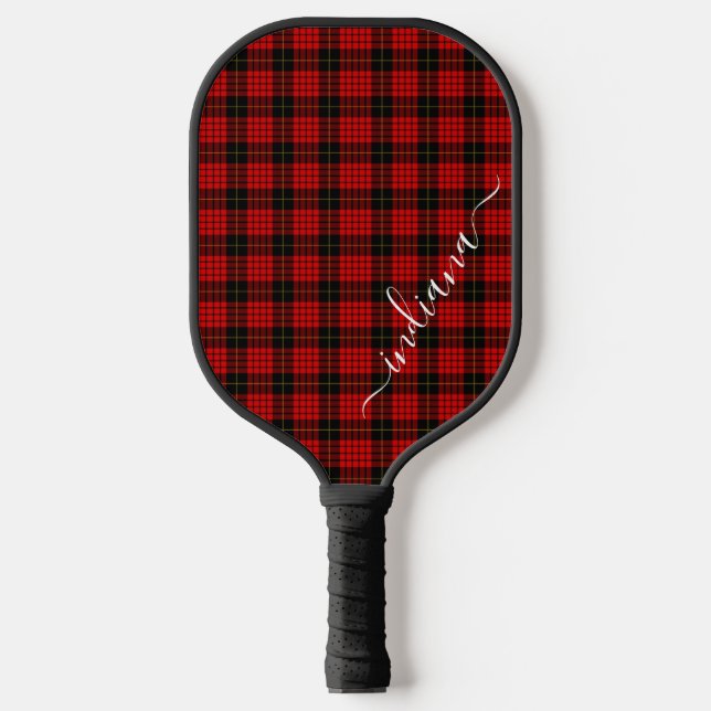 Persaonalized Script Tartan Plaid Rustic Red Black Pickleball Paddle (Front)