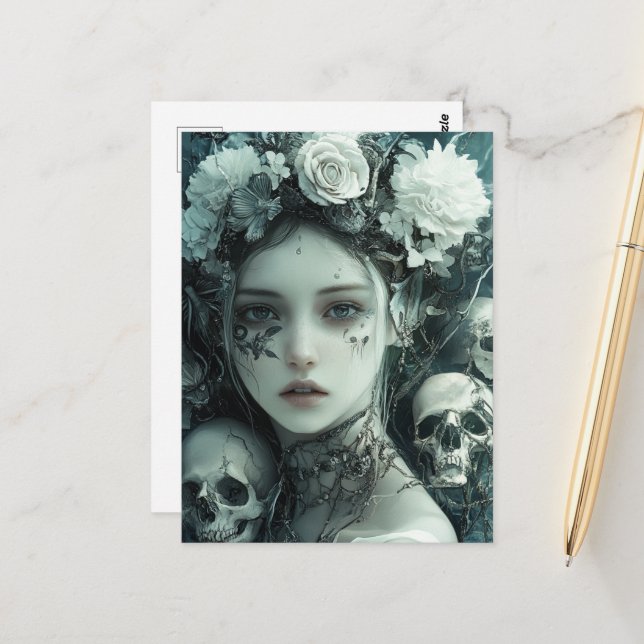 Persephone Flowers and Skulls Postcard (Front/Back In Situ)