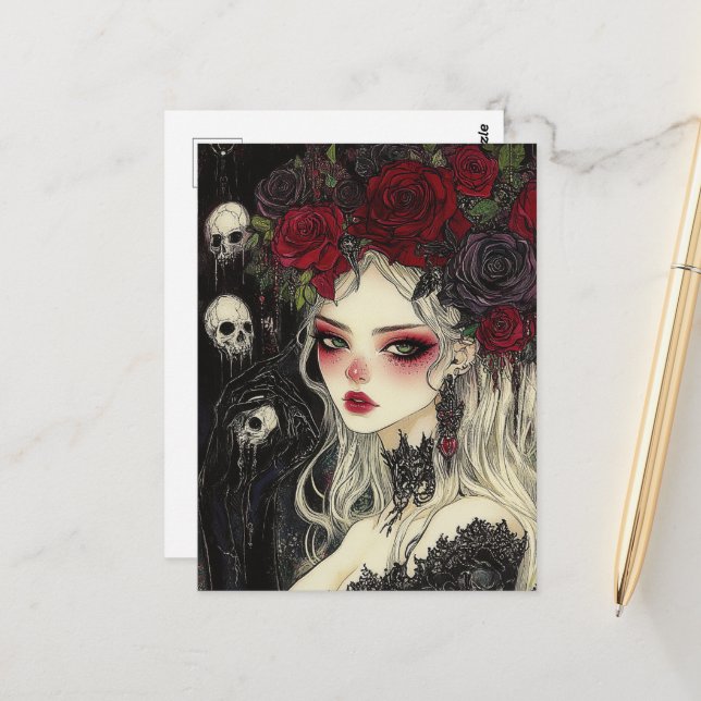 Persephone Skulls and Roses Postcard (Front/Back In Situ)