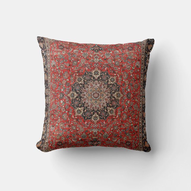 Persia Tabriz Black Burnt Red Throw Pillow (Front)
