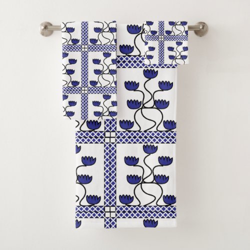 Persian Asian Blue Floral Geometric Pattern Bath Towel Set
