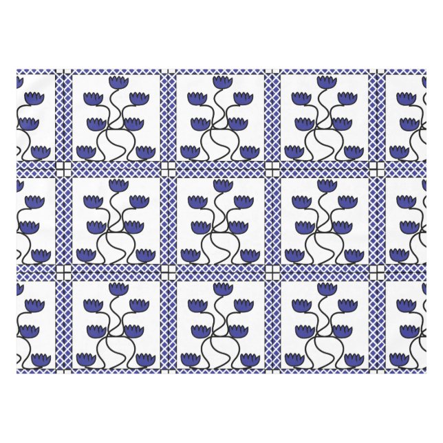 Persian Asian Blue Floral Geometric Pattern Tablecloth (Front (Horizontal))