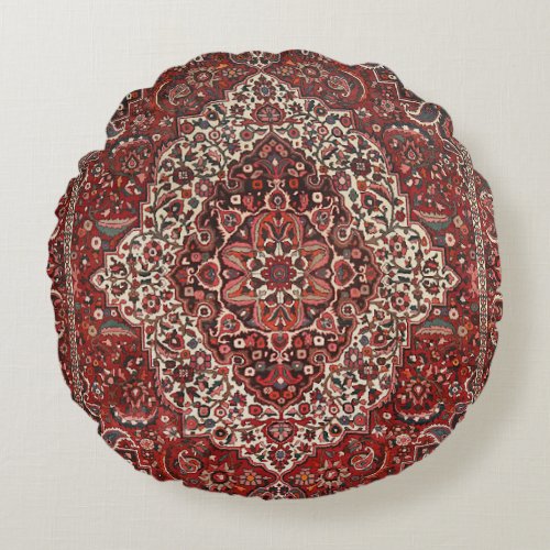 Persian Bakhtiari Deep Dark Red Tan  Round Pillow
