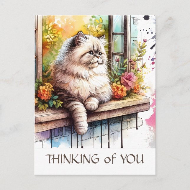Persian Beige Cat in Window with Summer Flowers  Postcard (Front)