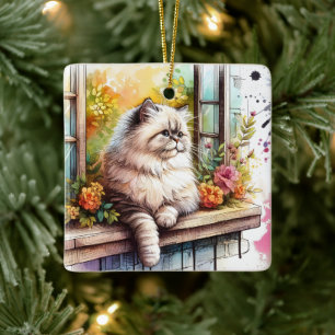 Persian Beige Cat in Window with Watercolor Flower Ceramic Ornament