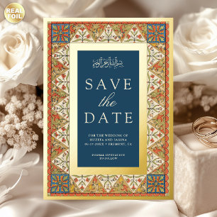 Persian Blue Muslim Wedding Save the Date Gold Foil Invitation