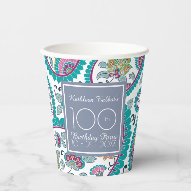 Persian Boteh Paisley 100th Birthday Party Paper C Paper Cups (Front)