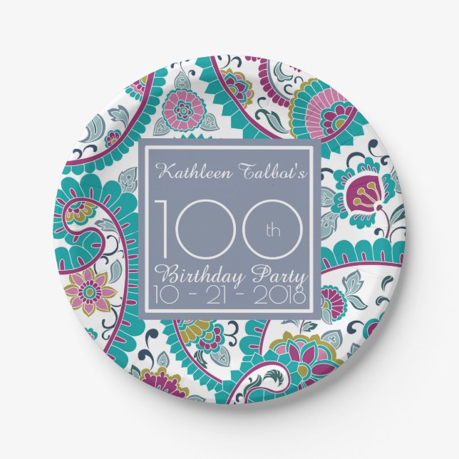 Persian Boteh Paisley 100th Birthday Party Paper P Plates (Front)